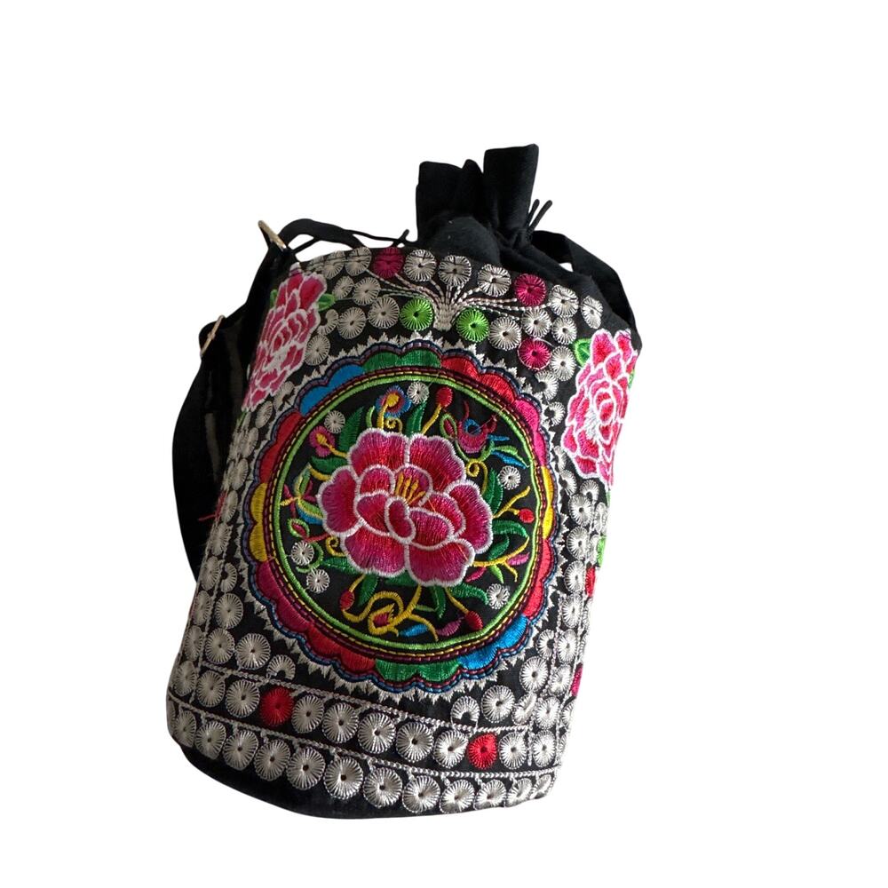 black Boho Satchel bag of embroidery tropical flowers
